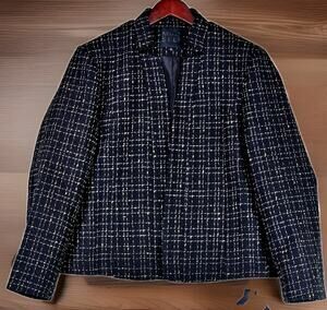Mina Self Blazer Women's Large Black Gold Checkered Tweed Jacket w/ Pockets NWT